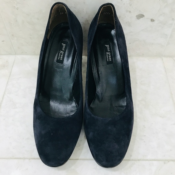 PAUL GREEN {6} Navy Blue Suede Pump Round Toe Black Wood Block Heel Rubber Sole - Picture 7 of 10
